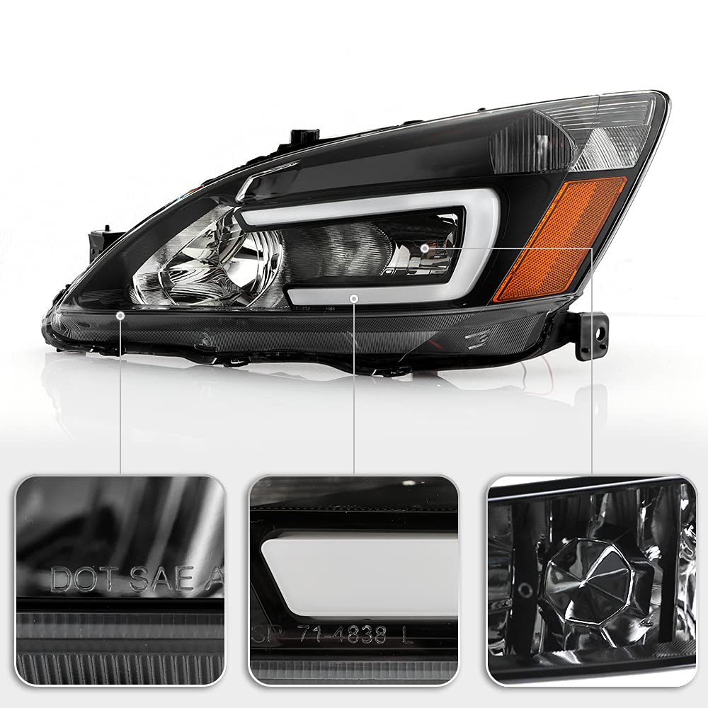 For 2003-2007 Honda Accord Black Housing LED Tube Headlights Assembly Pair Set U97442