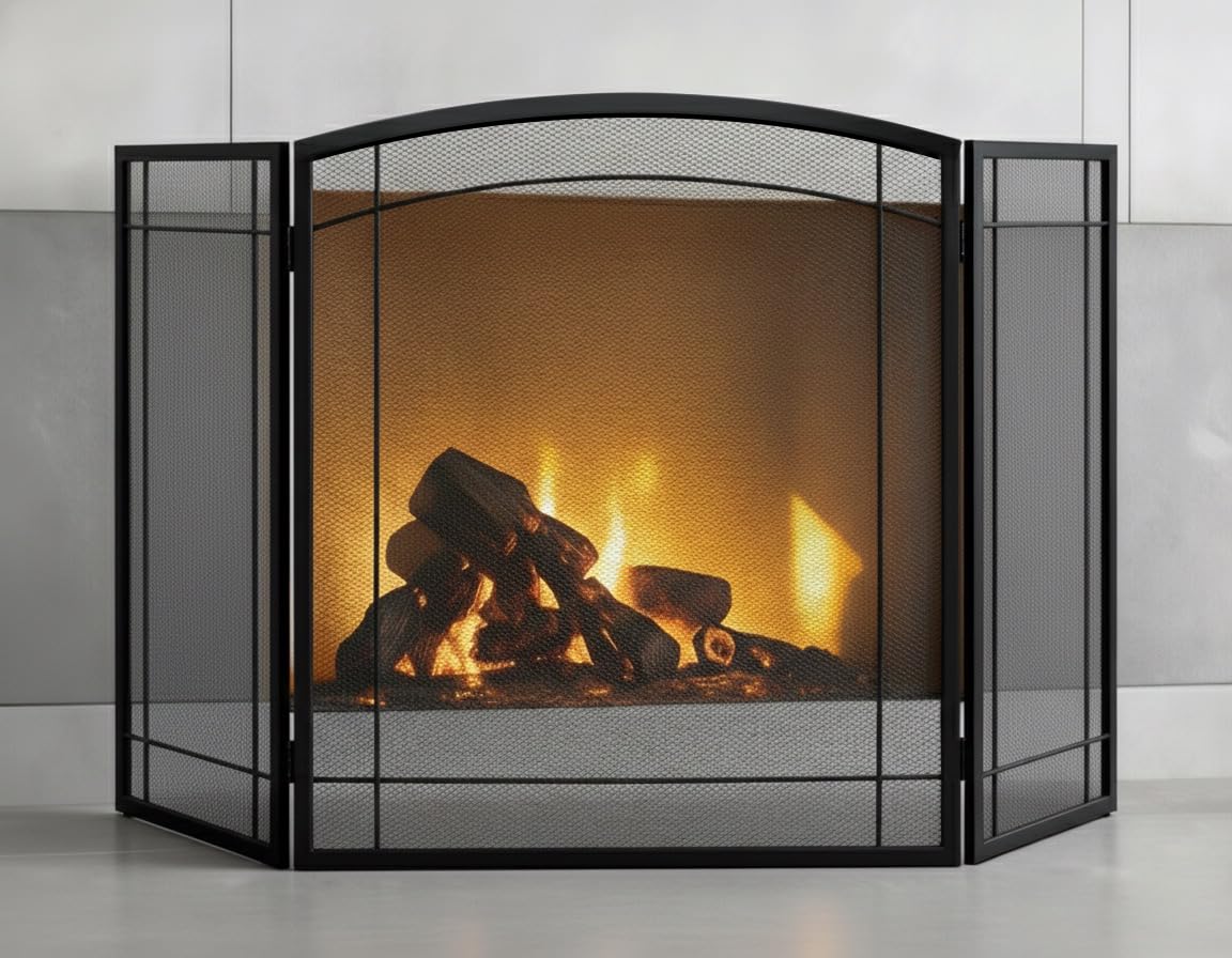 3 Panel 48" W x 29" H Foldable Wrought Metal Decorative Mesh Fireplace Screen K6124