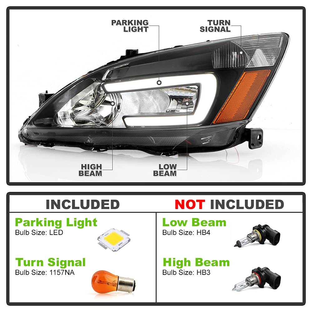 For 2003-2007 Honda Accord Black Housing LED Tube Headlights Assembly Pair Set U97442