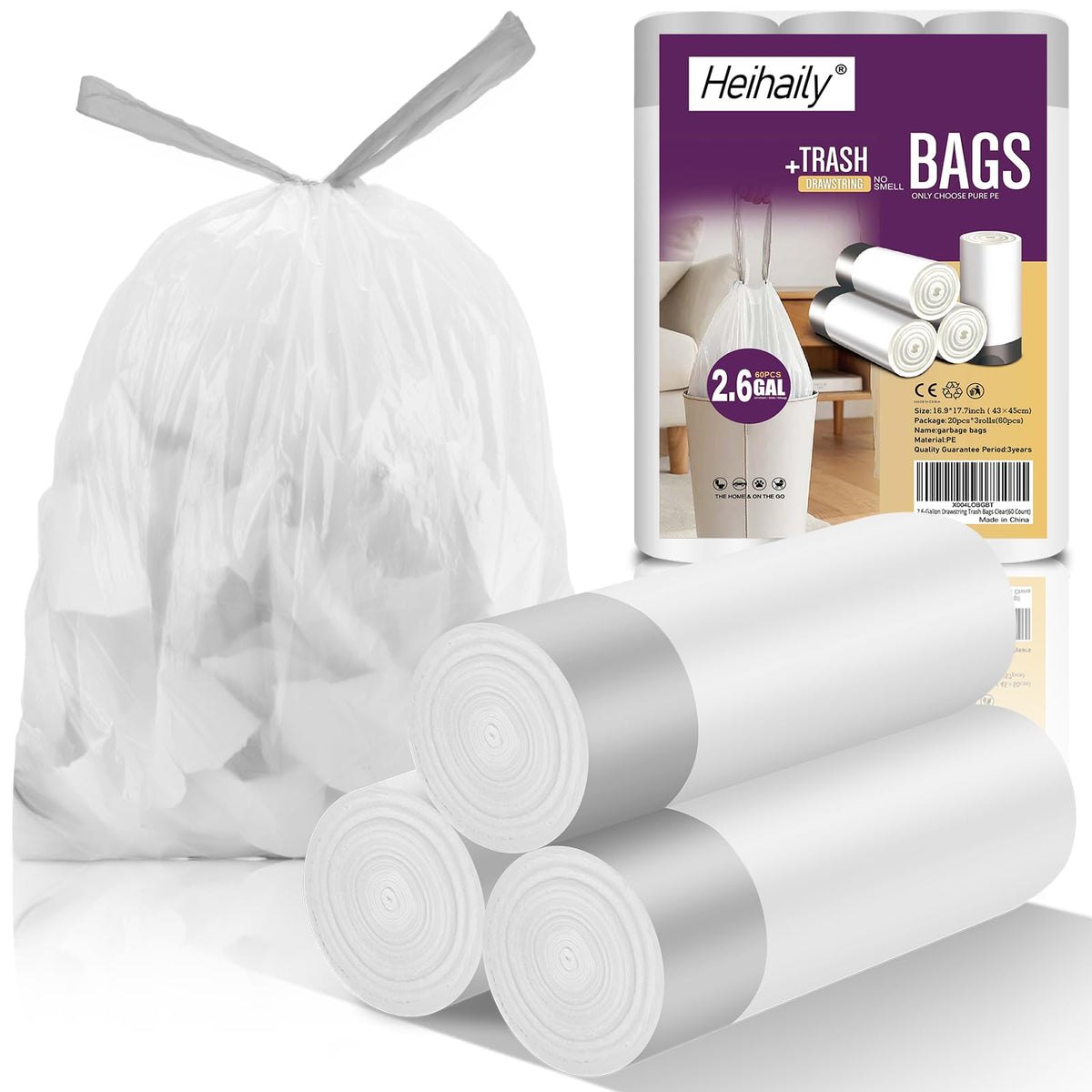 2.6 Gallon 60 Count Clear Drawstring Trash Bags S75509