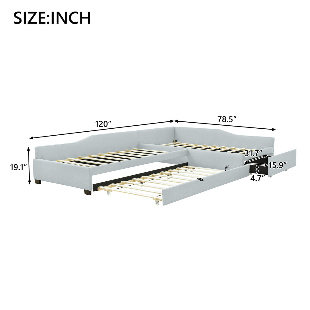 L Shaped Twin Corner Bed with Trundle and Storage Drawer Q690