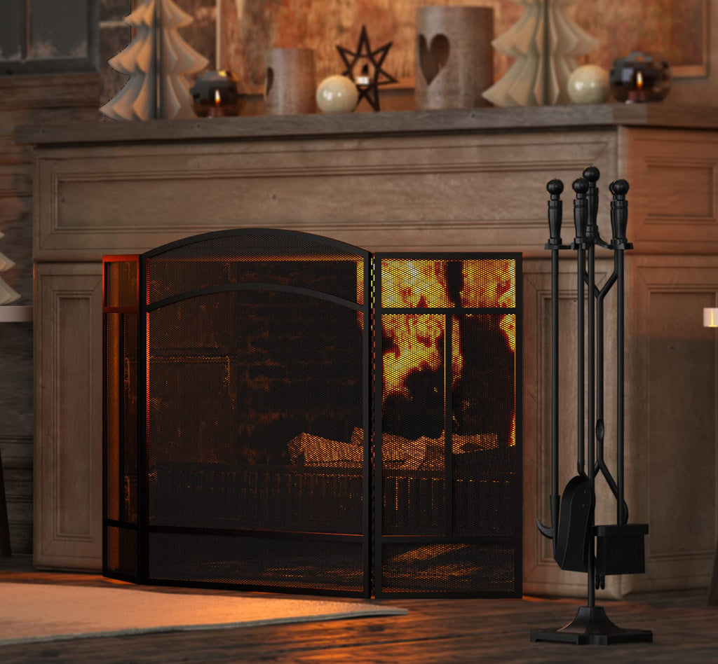 Black 3 Panel Wrought Iron Fireplace Screen D38545