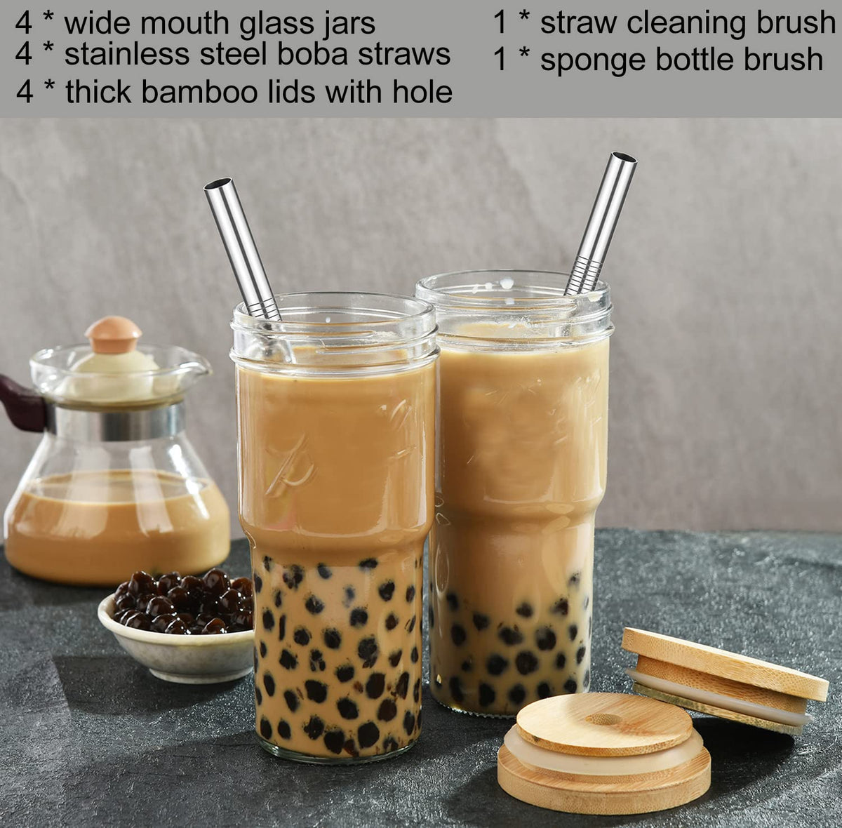 4-Pack 24 OZ Glass Cups with Bamboo Lids and Straws Q168
