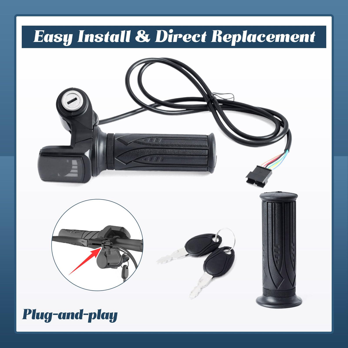 36V E-Scooter Throttle Replacement with Display Light Switch Lock 2 Keys Twist Accelerator Handle Grip 6-Pin Z836131