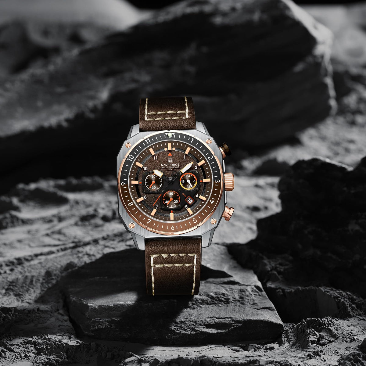 Men's Square Big Face Waterproof Chronograph Leather Strap Watch F68526