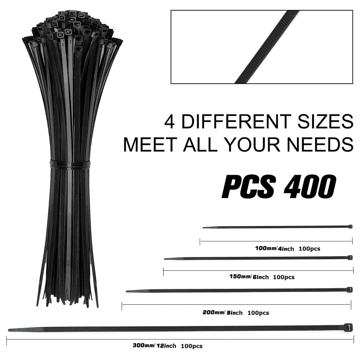 Black Assorted Sizes Nylon Cable Zip Ties 400 Pack U134
