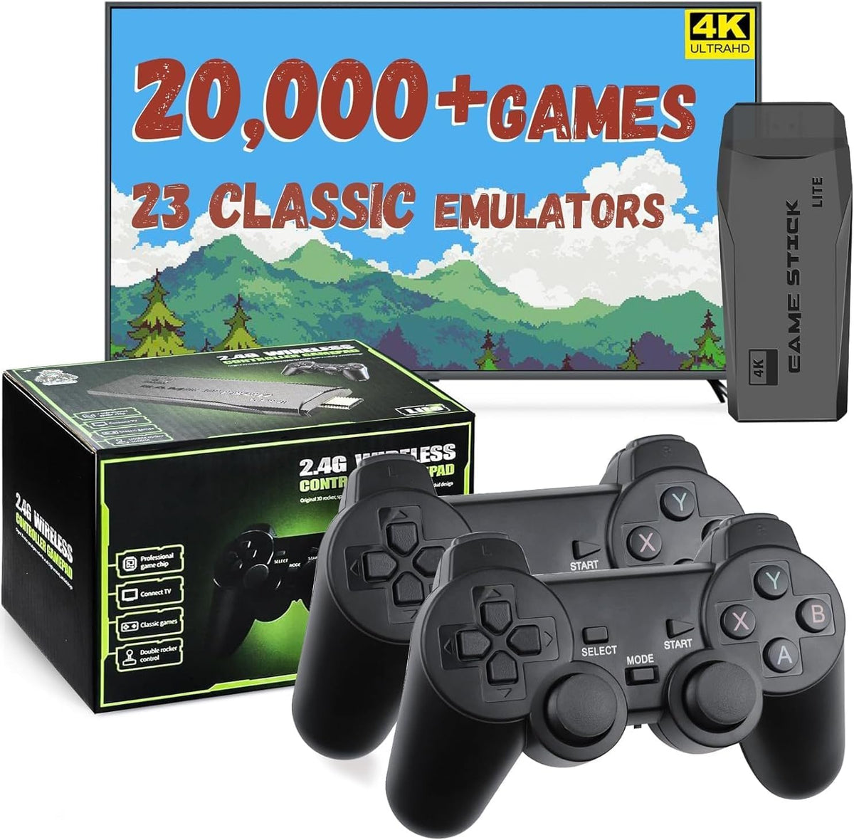Retro Gaming Console with Dual Wireless Controllers 4K HDMI Output 64GB V3539