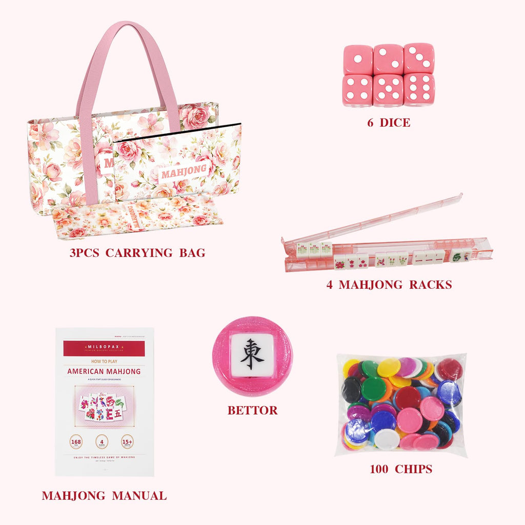 1.2” American Mahjong Set 168 Pink Floral Melamine Tiles U499