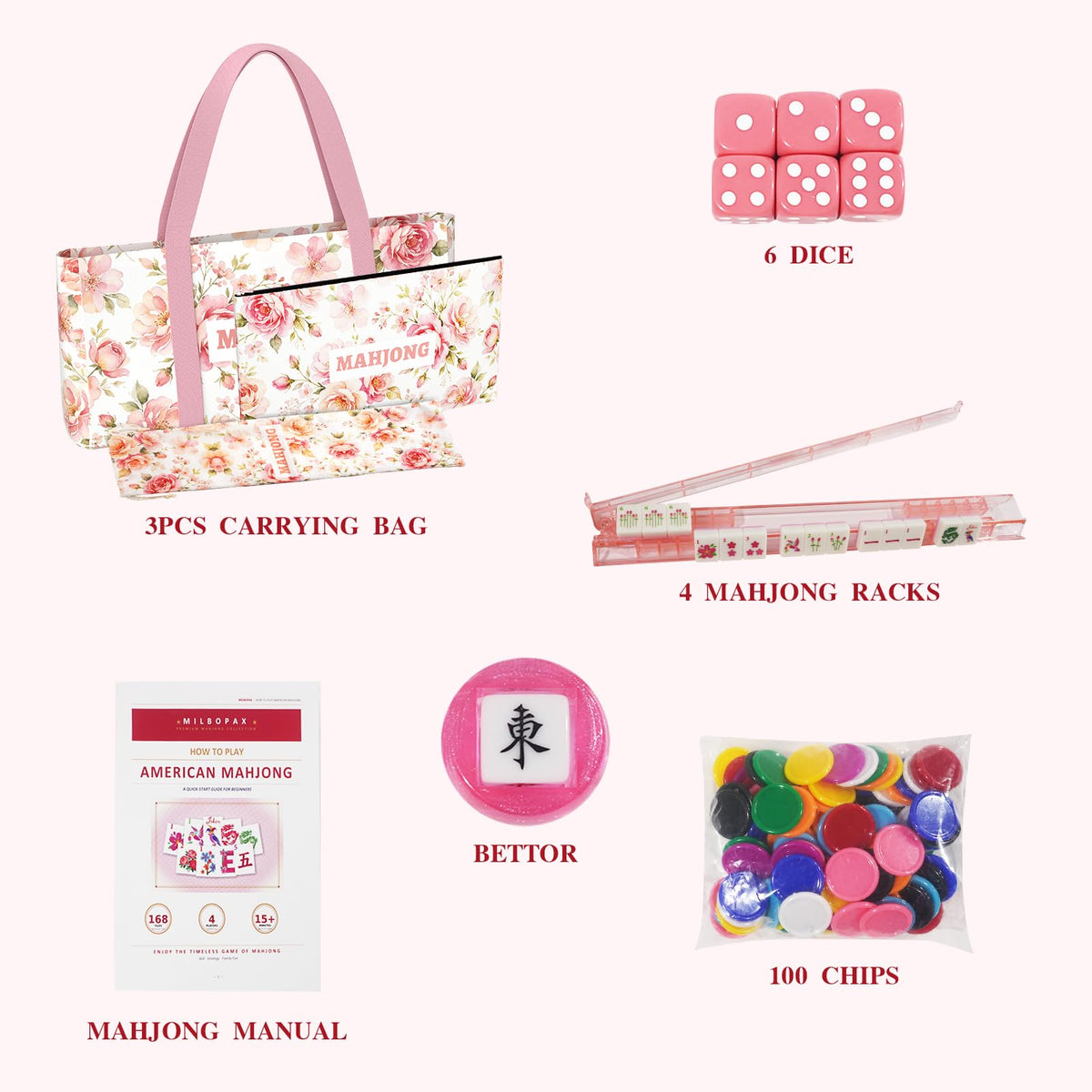 1.2” American Mahjong Set 168 Pink Floral Melamine Tiles U499