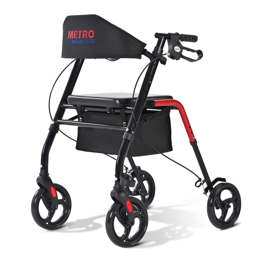 Foldable Lightweight Rolling Walker with Seat, 8" Wheels, 300 lb. Capacity, Red R624912