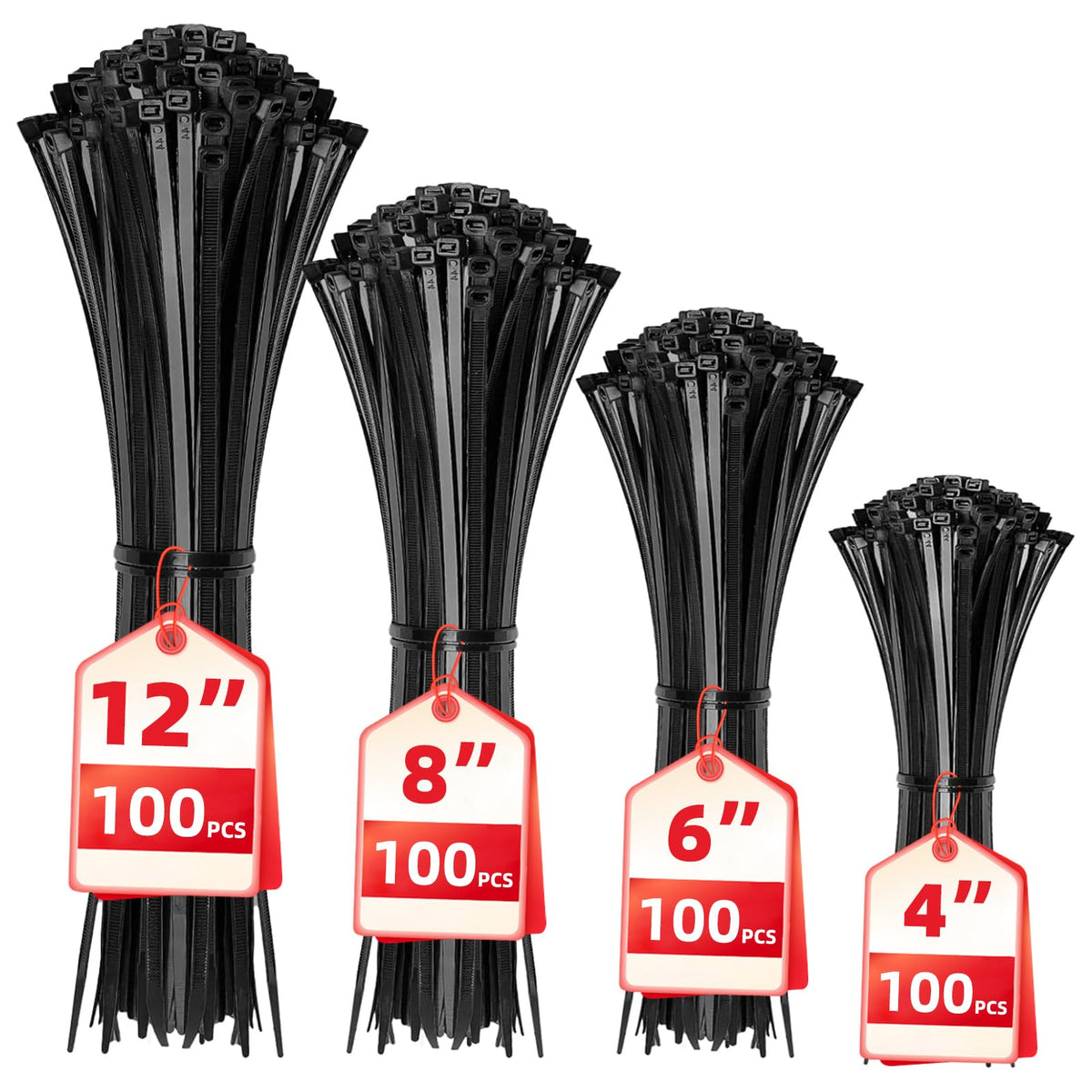 Black Assorted Sizes Nylon Cable Zip Ties 400 Pack U134