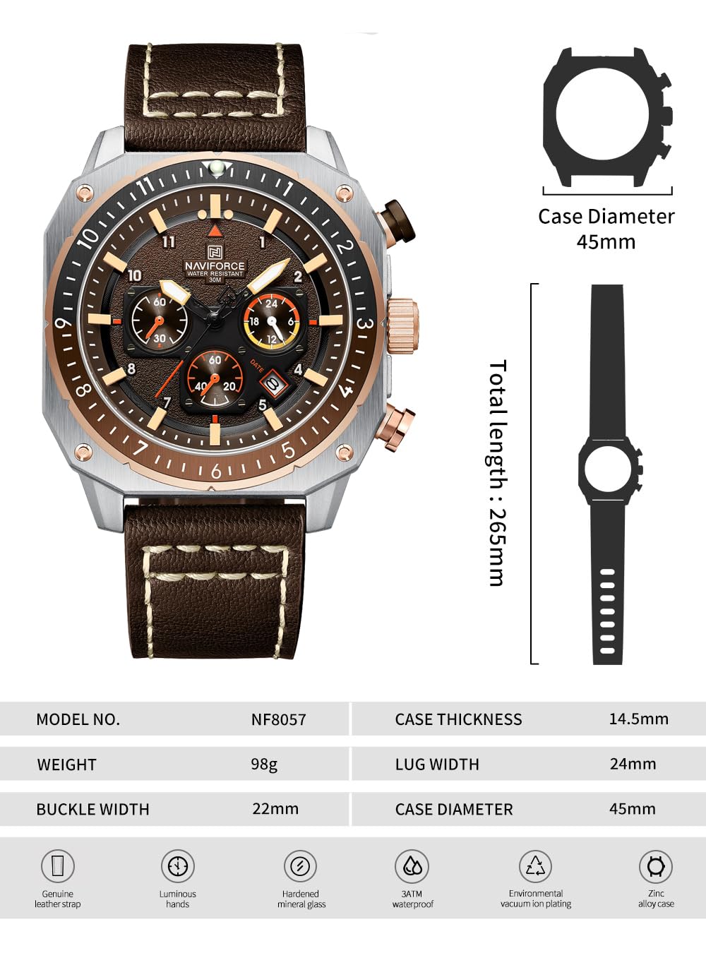 Men's Square Big Face Waterproof Chronograph Leather Strap Watch F68526