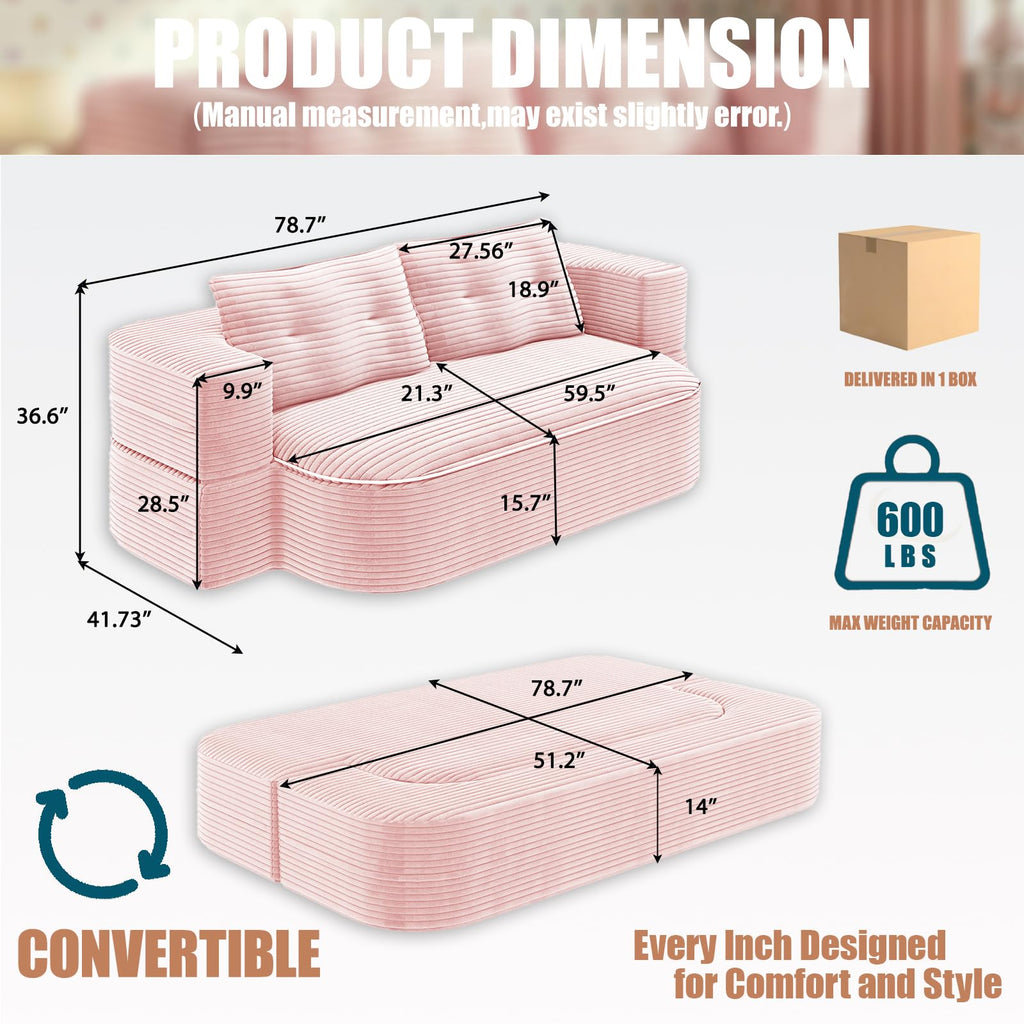 78.7" Pink Memory Foam Futon Sofa Bed A480