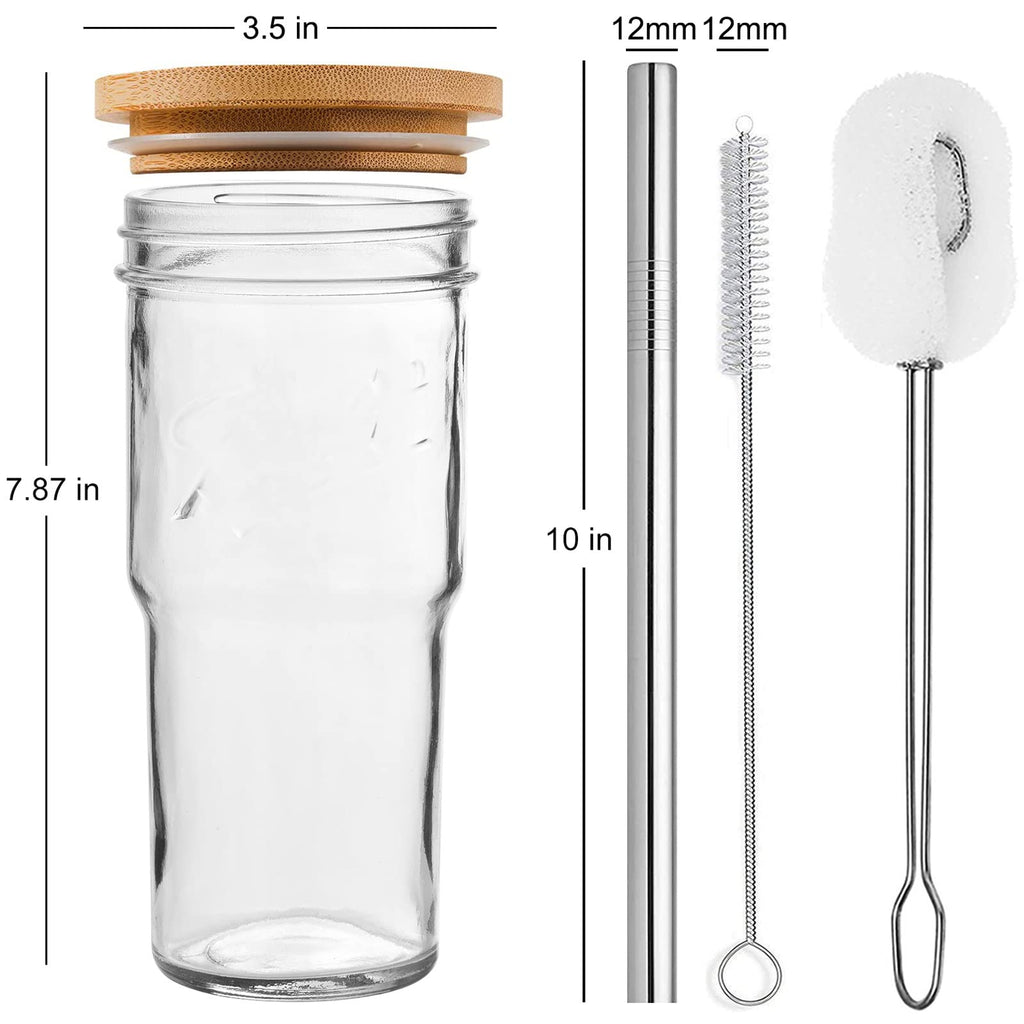 4-Pack 24 OZ Glass Cups with Bamboo Lids and Straws Q168
