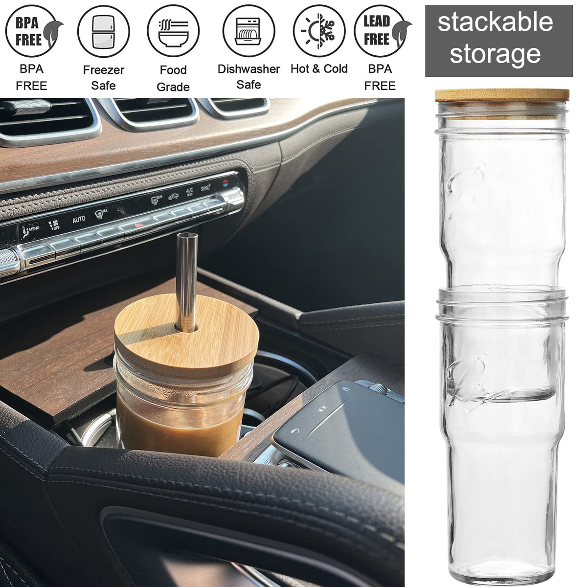4-Pack 24 OZ Glass Cups with Bamboo Lids and Straws Q168