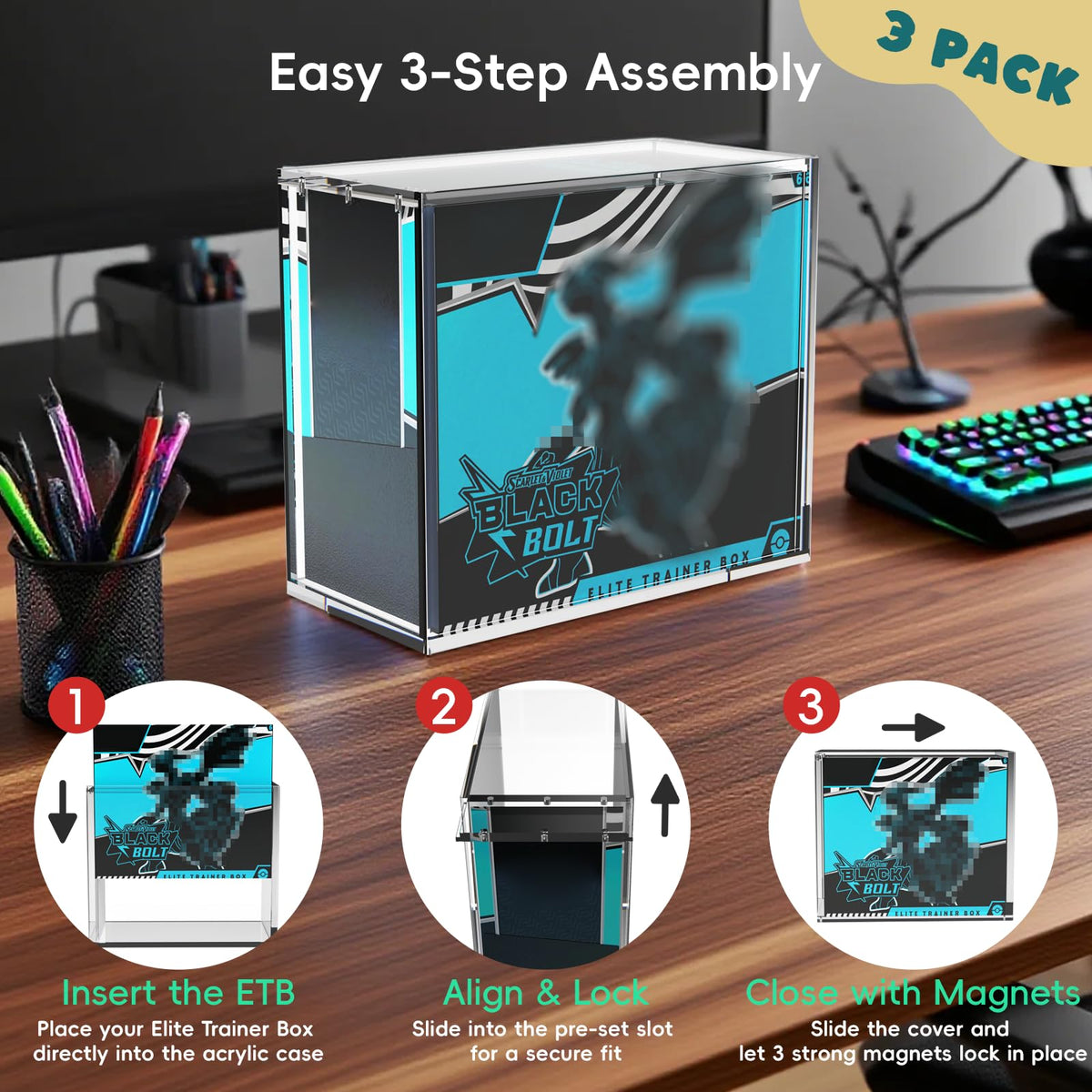 3 Pack Acrylic Case with Sliding Magnetic Lid S918