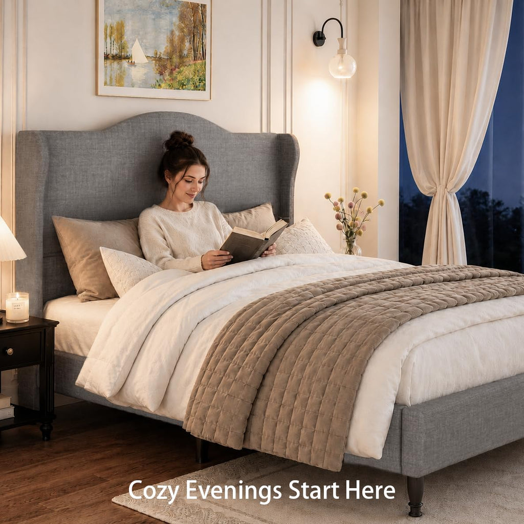 Queen Size Light Grey Upholstered Headboard Bed Frame J5914