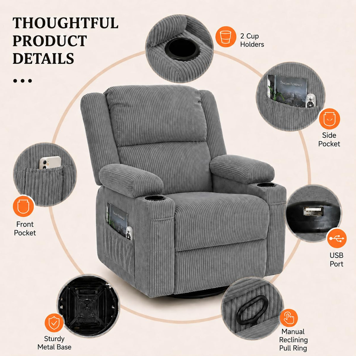 Grey Swivel Rocker Recliner Y3984