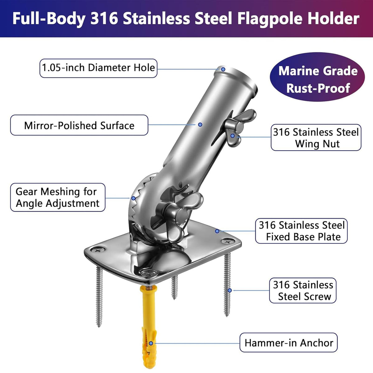 Stainless Steel Heavy Duty Flag Rod Holder W314