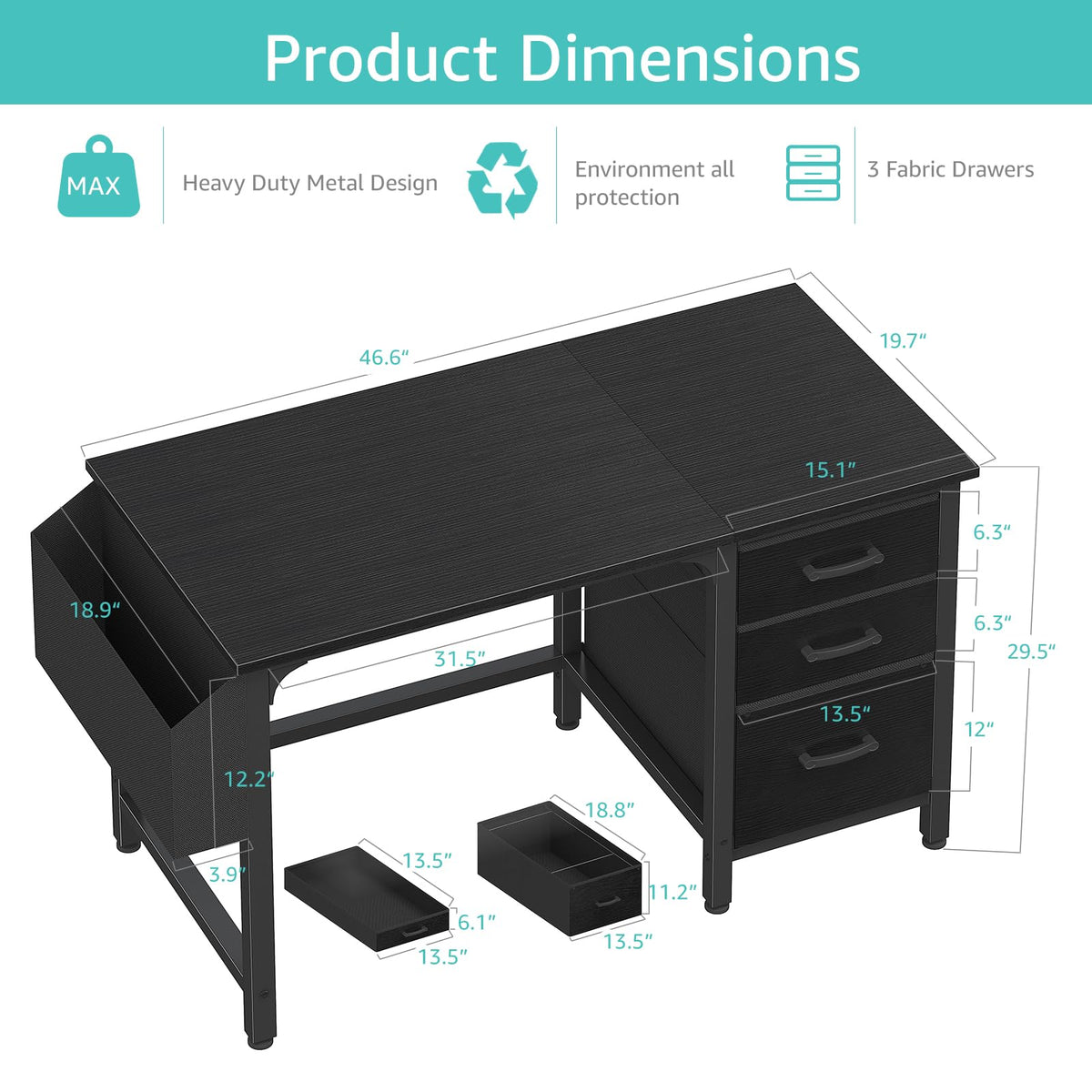 Black 47 Inch Computer Desk with File Drawers Cabinet Z316719