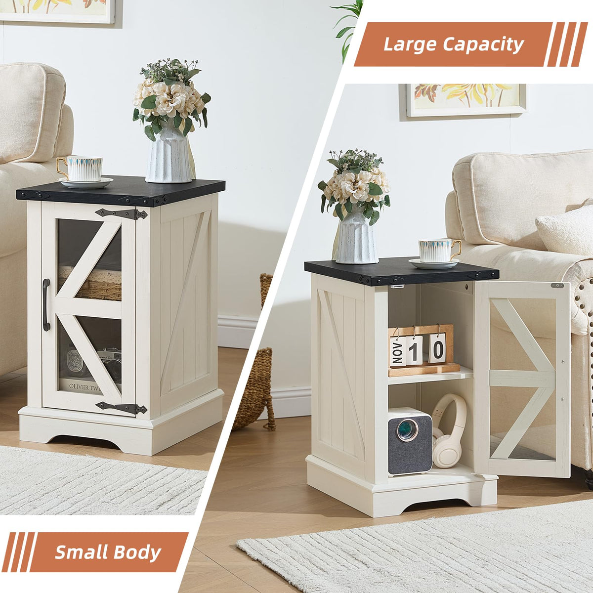 Narrow Night Stand with Glass Barn Door P4017