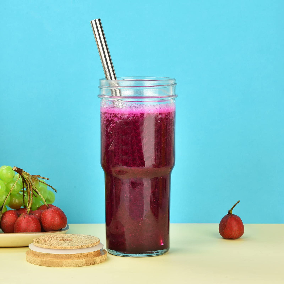 4-Pack 24 OZ Glass Cups with Bamboo Lids and Straws Q168