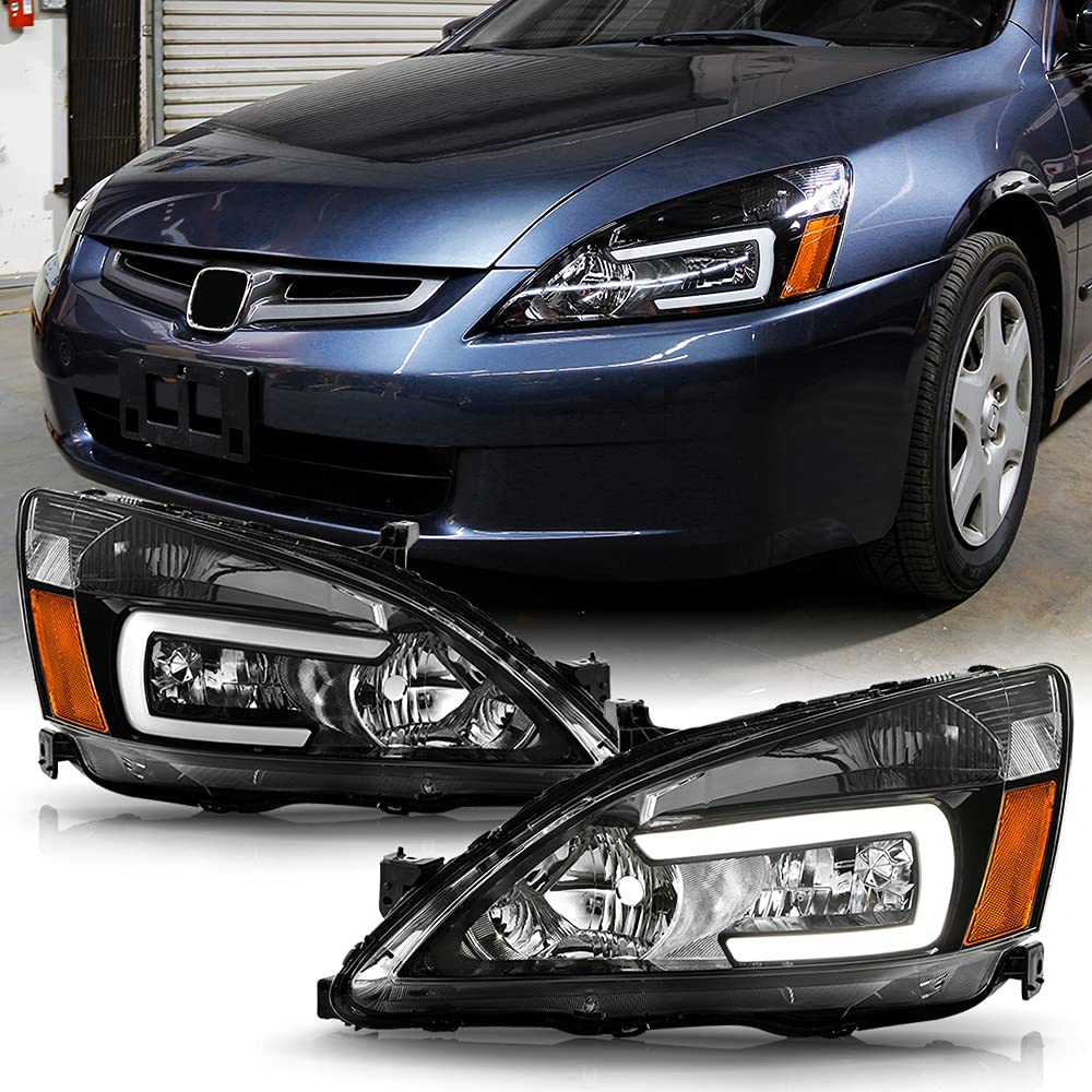 For 2003-2007 Honda Accord Black Housing LED Tube Headlights Assembly Pair Set U97442