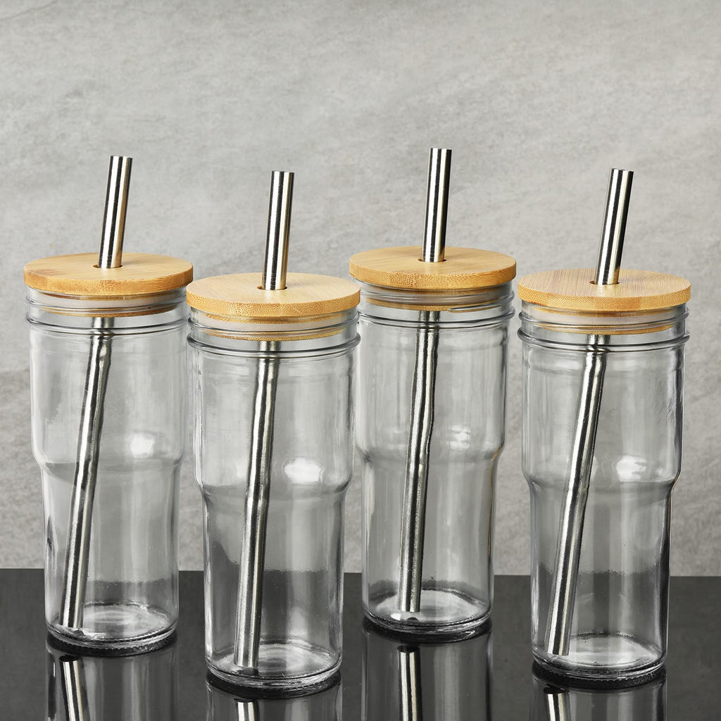 4-Pack 24 OZ Glass Cups with Bamboo Lids and Straws Q168