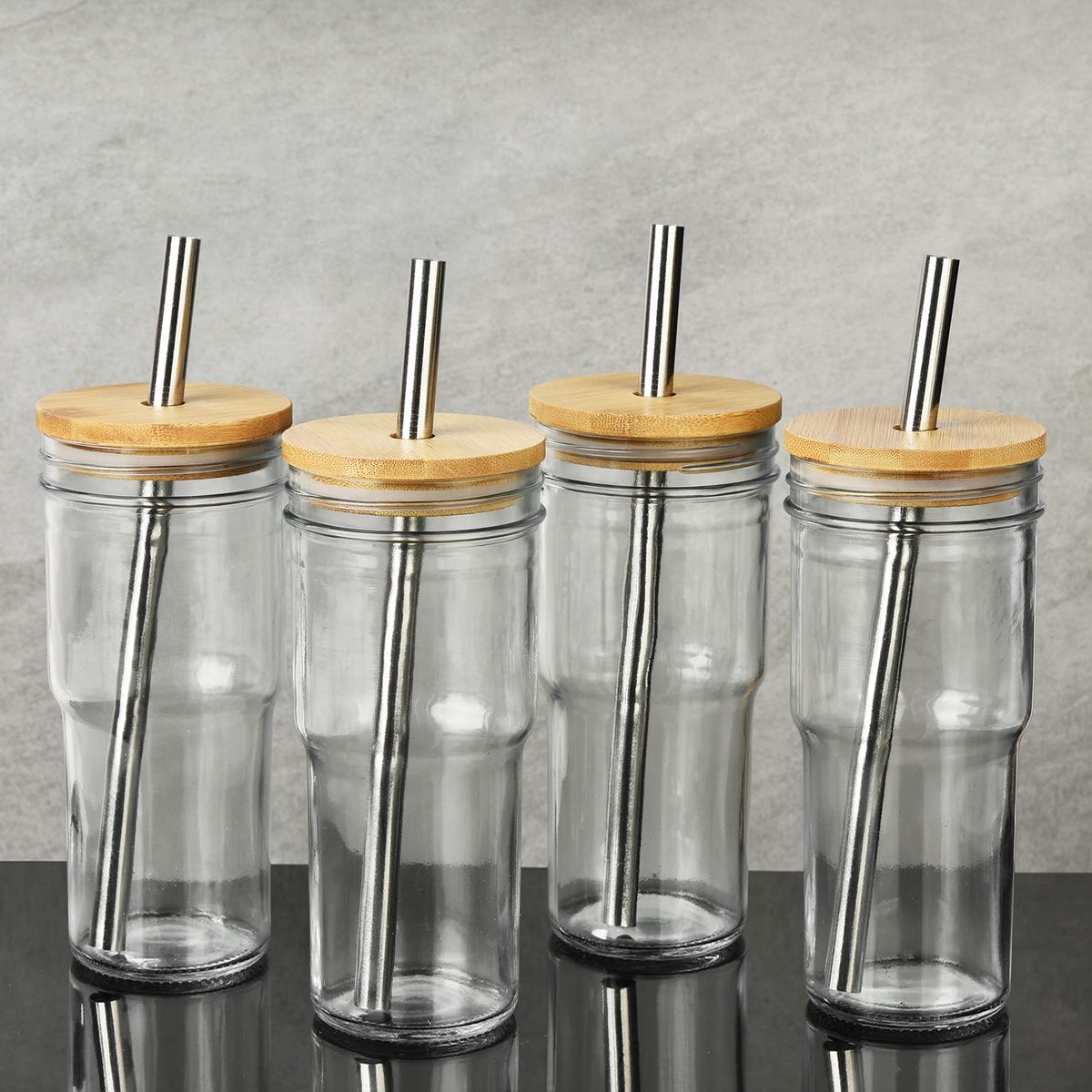 4-Pack 24 OZ Glass Cups with Bamboo Lids and Straws Q168