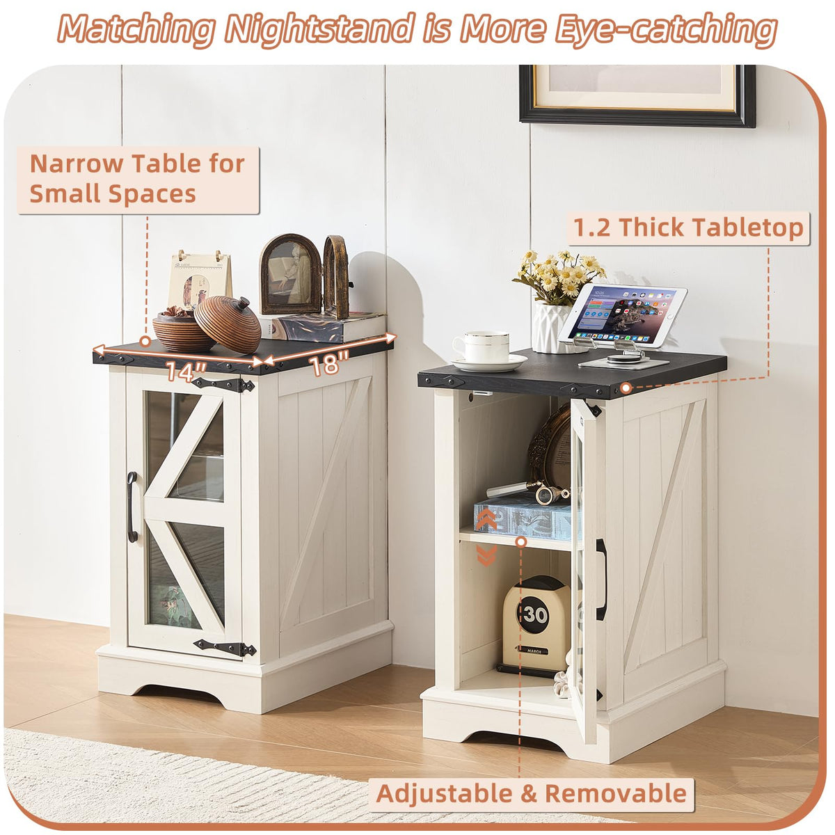 Narrow Night Stand with Glass Barn Door P4017