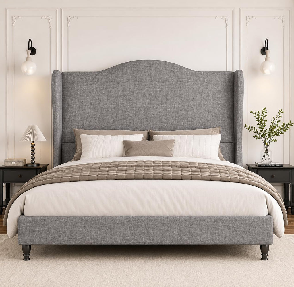 Queen Size Light Grey Upholstered Headboard Bed Frame J5914