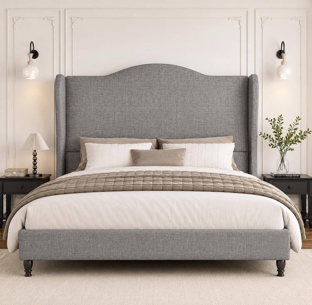 Queen Size Light Grey Upholstered Headboard Bed Frame J5914