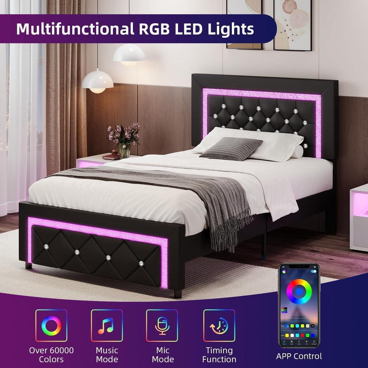 Twin Bed Frame with LED Lights K470