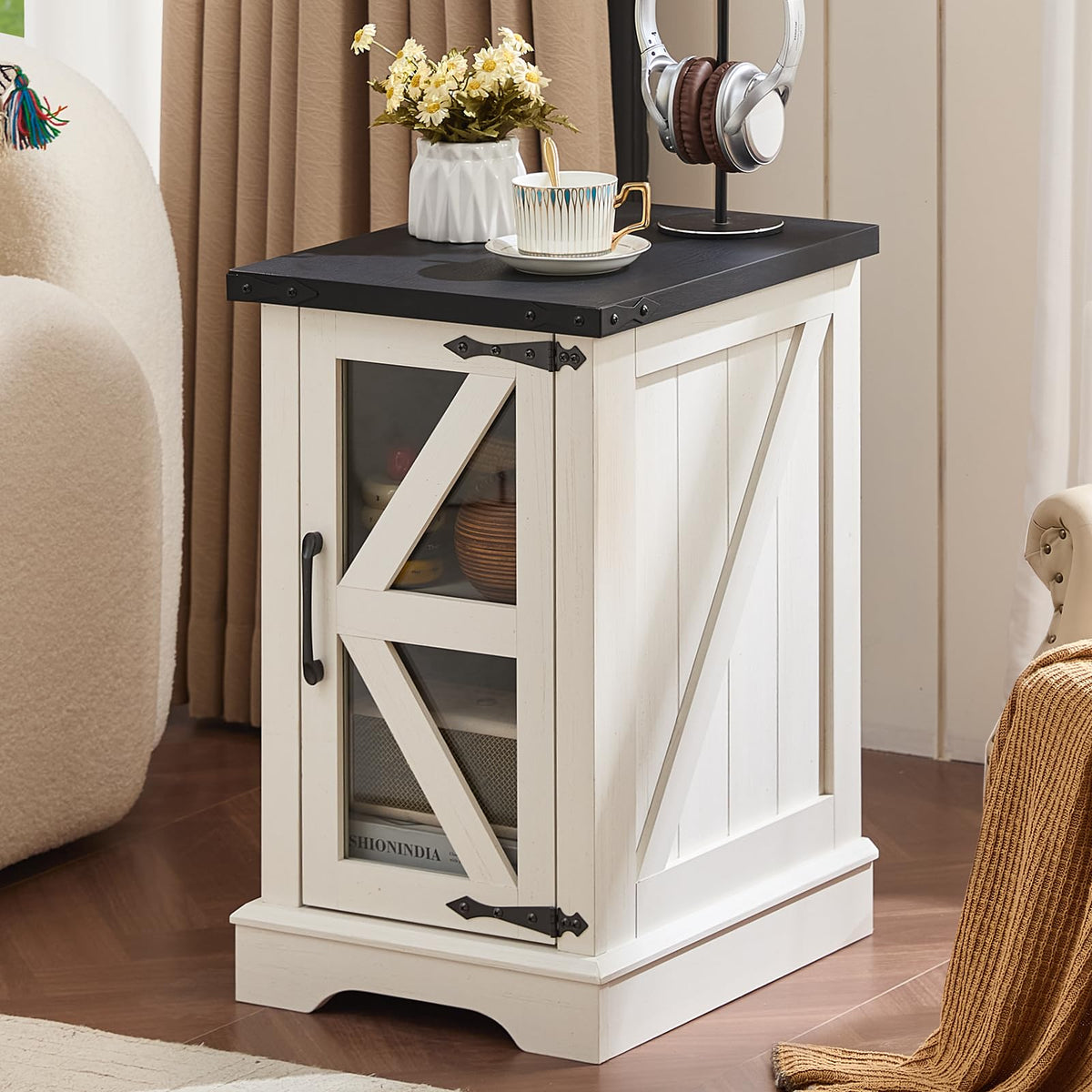 Narrow Night Stand with Glass Barn Door P4017