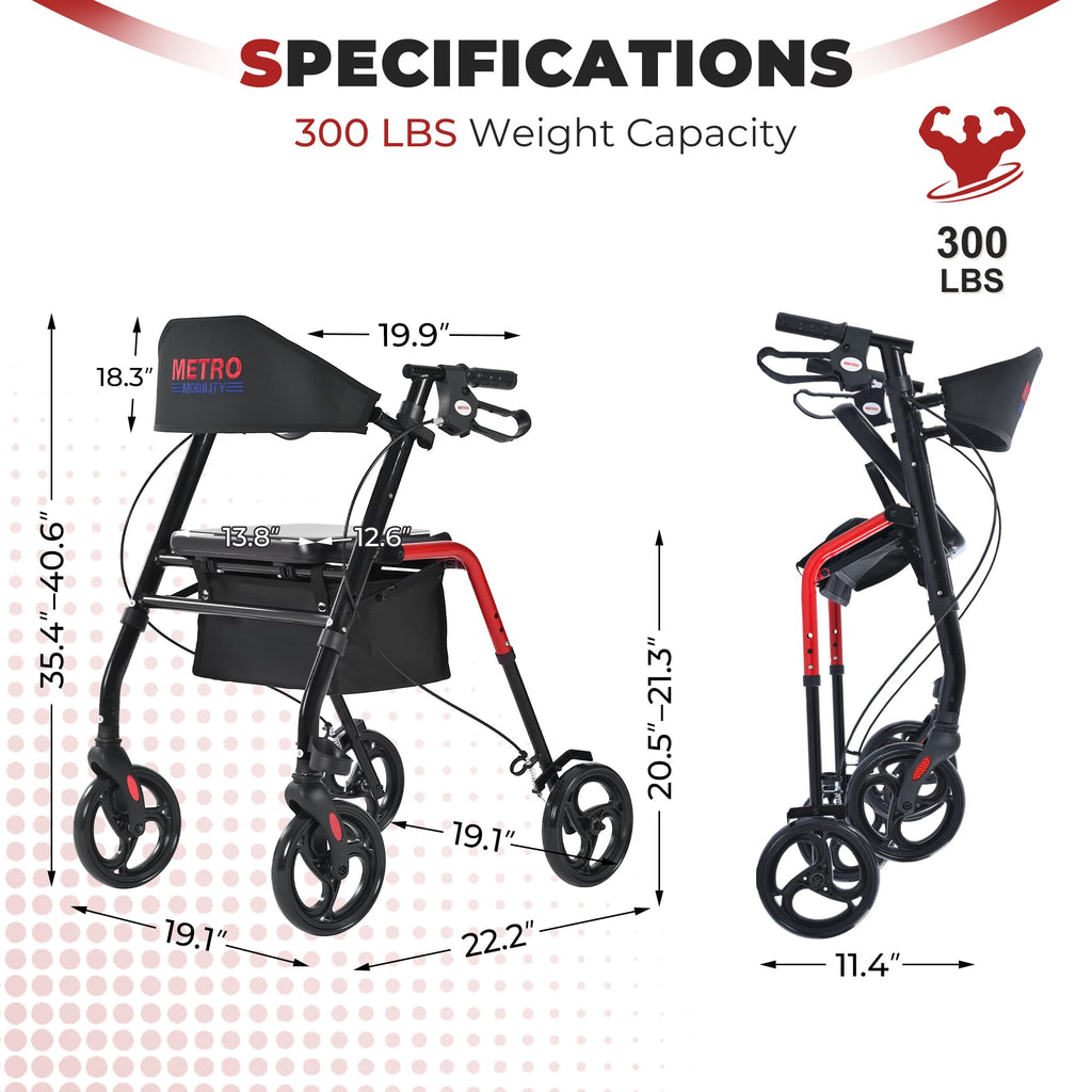 Foldable Lightweight Rolling Walker with Seat, 8" Wheels, 300 lb. Capacity, Red R624912