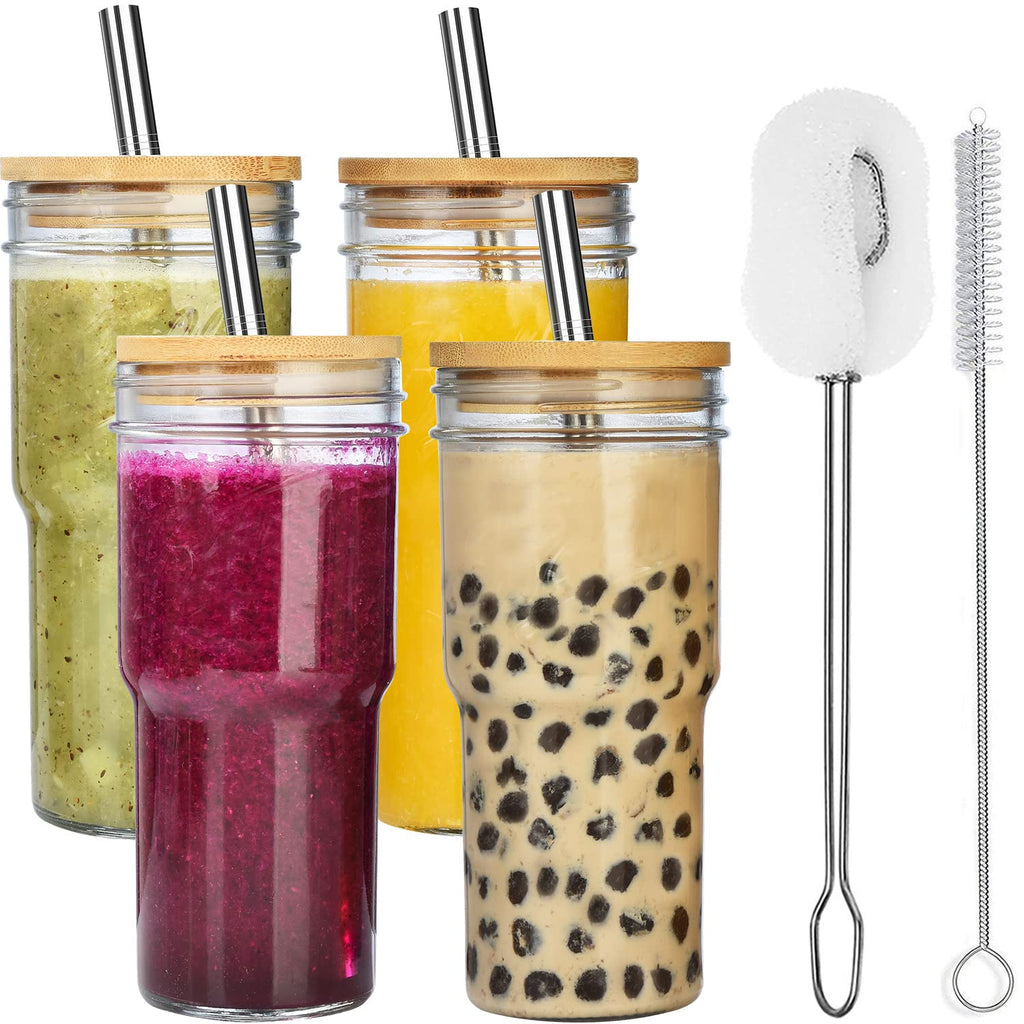 4-Pack 24 OZ Glass Cups with Bamboo Lids and Straws Q168