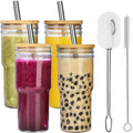 4-Pack 24 OZ Glass Cups with Bamboo Lids and Straws Q168