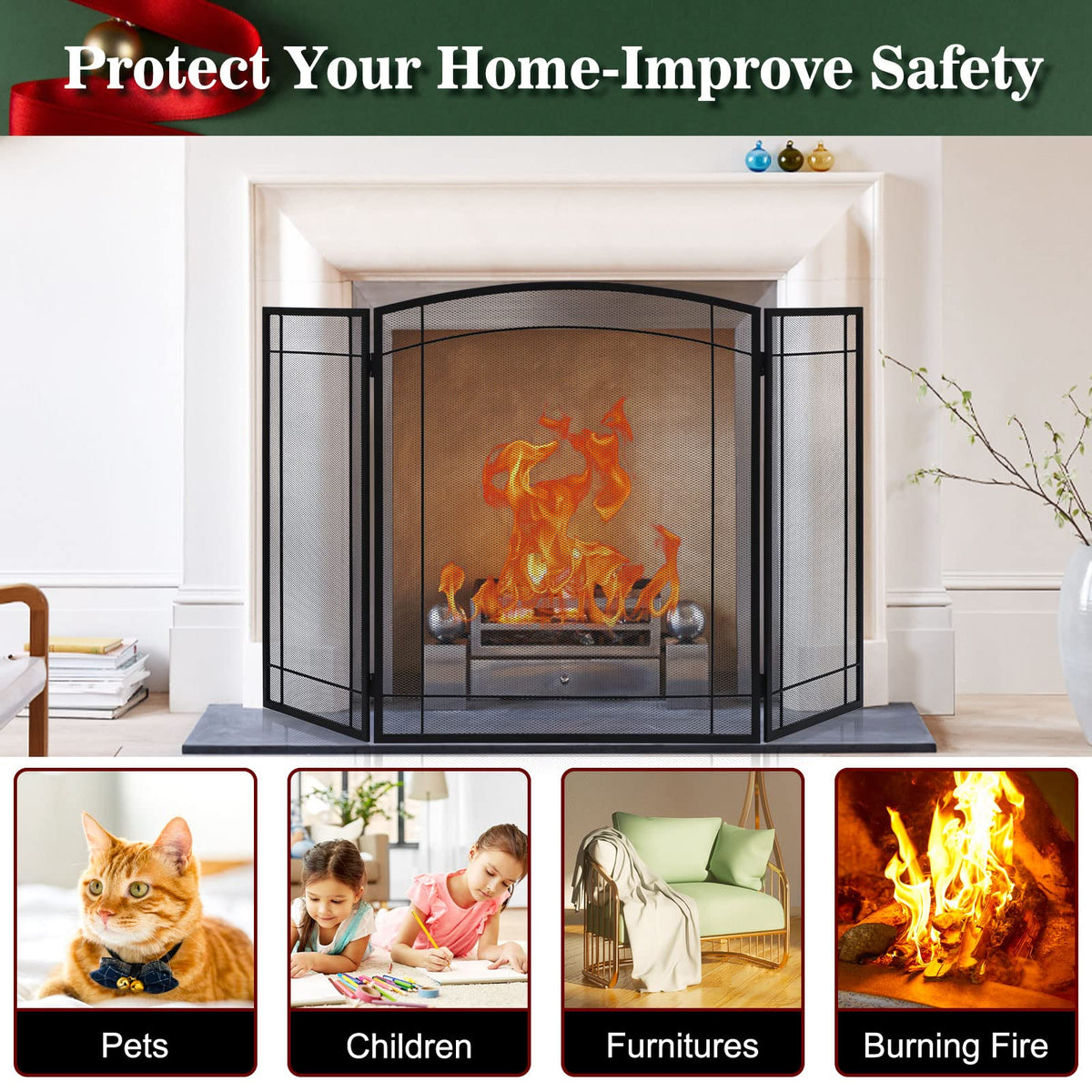 3 Panel 48" W x 29" H Foldable Wrought Metal Decorative Mesh Fireplace Screen K6124