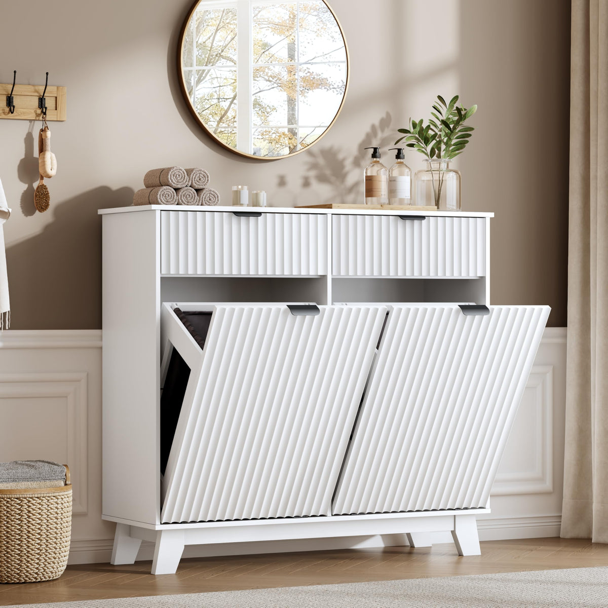 10 Gallon Tilt Out Trash Can Cabinet with Storage Drawer T140