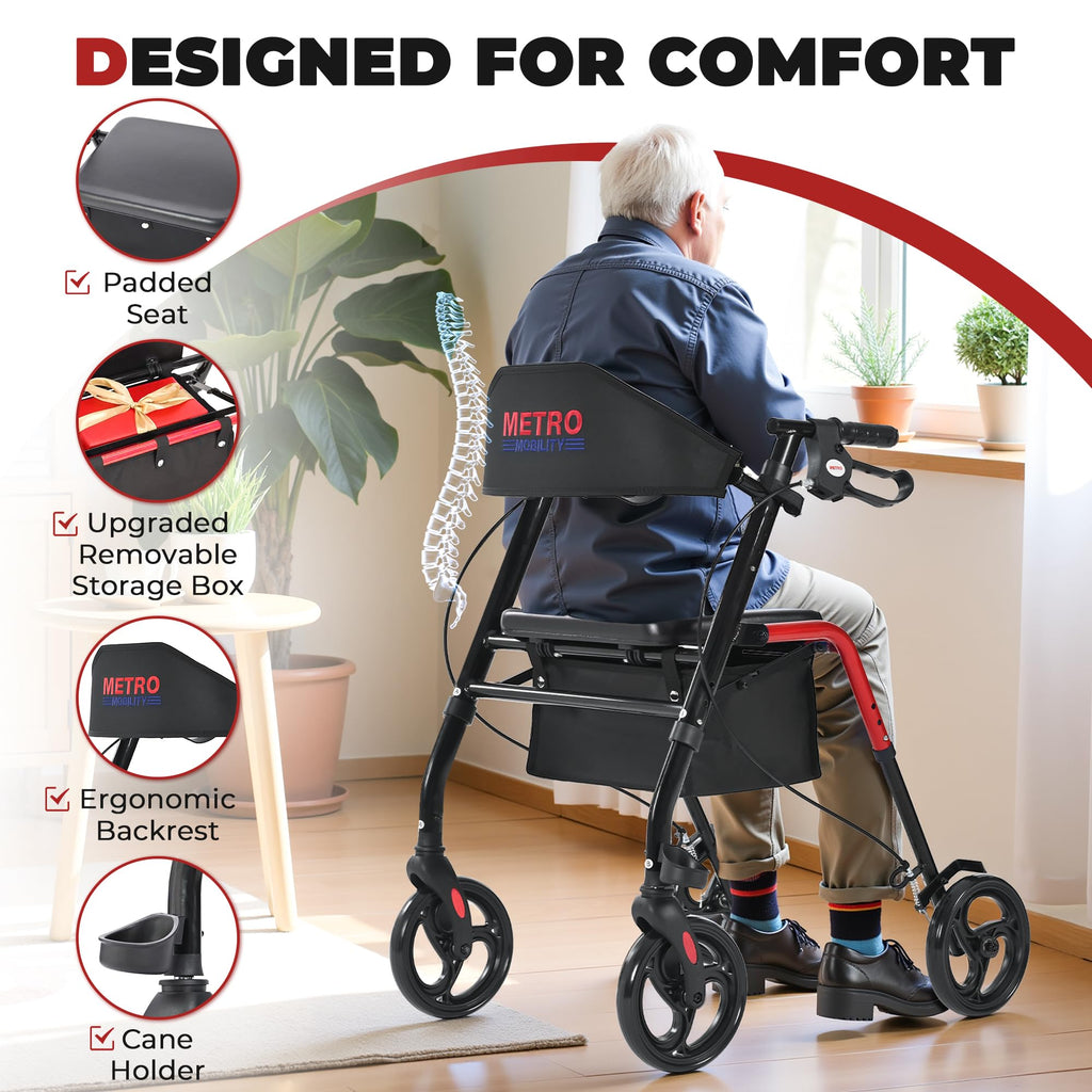 Foldable Lightweight Rolling Walker with Seat, 8" Wheels, 300 lb. Capacity, Red R624912