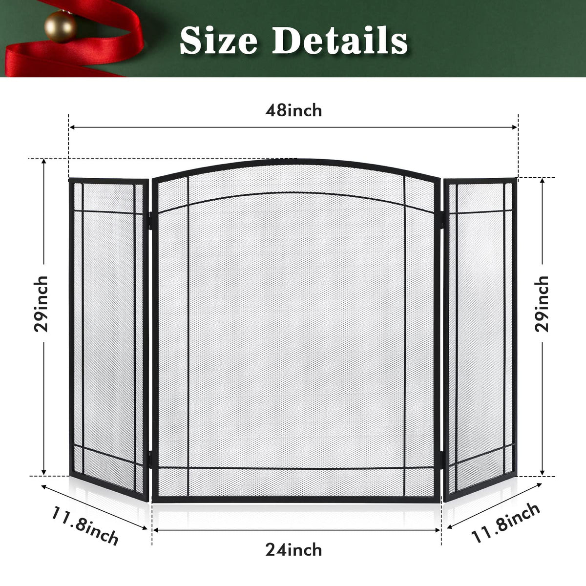 3 Panel 48" W x 29" H Foldable Wrought Metal Decorative Mesh Fireplace Screen K6124