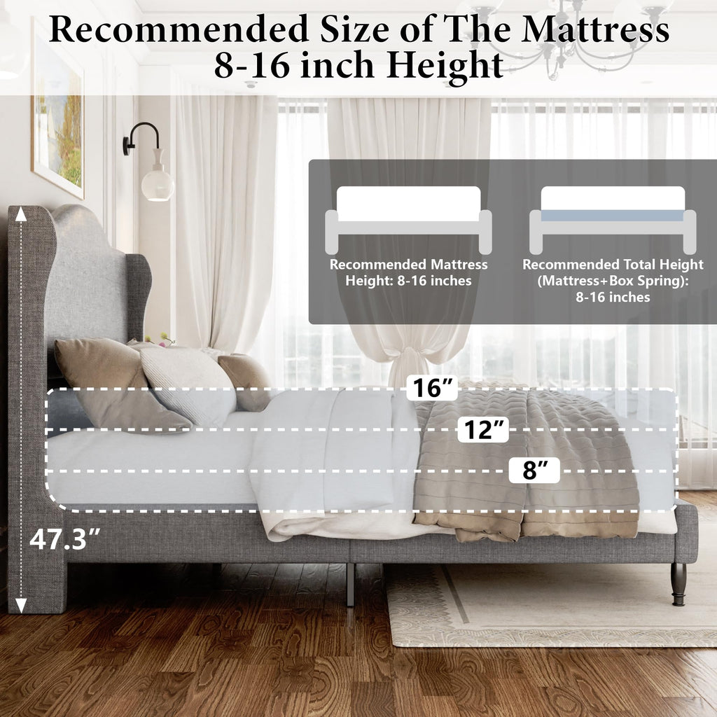 Queen Size Light Grey Upholstered Headboard Bed Frame J5914
