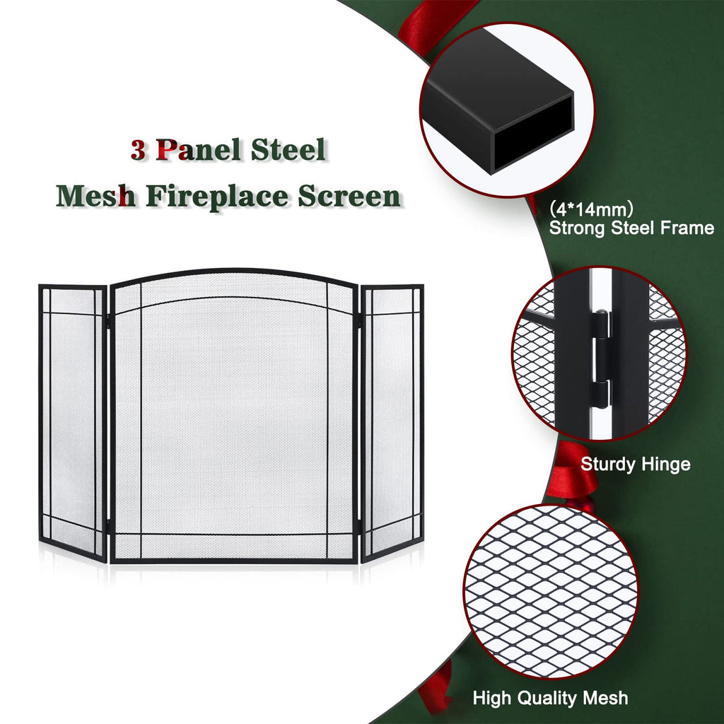 3 Panel 48" W x 29" H Foldable Wrought Metal Decorative Mesh Fireplace Screen K6124