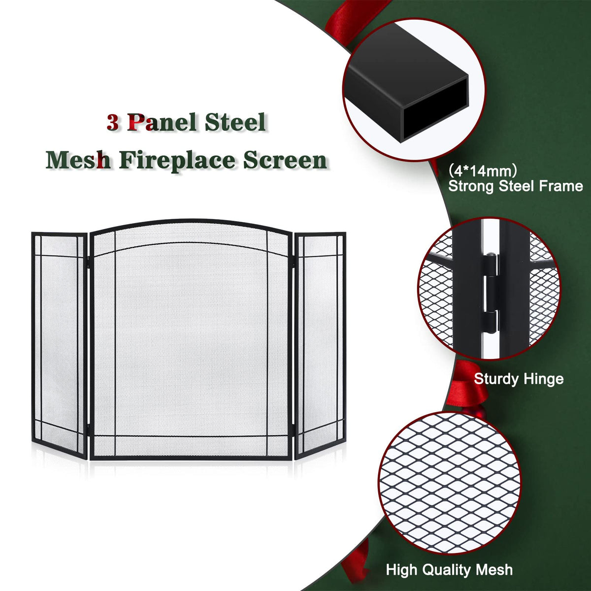 3 Panel 48" W x 29" H Foldable Wrought Metal Decorative Mesh Fireplace Screen K6124