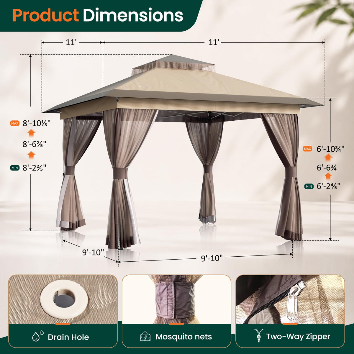 11'x11' Waterproof UV Protection Pop Up Gazebo with Mosquito Netting W738