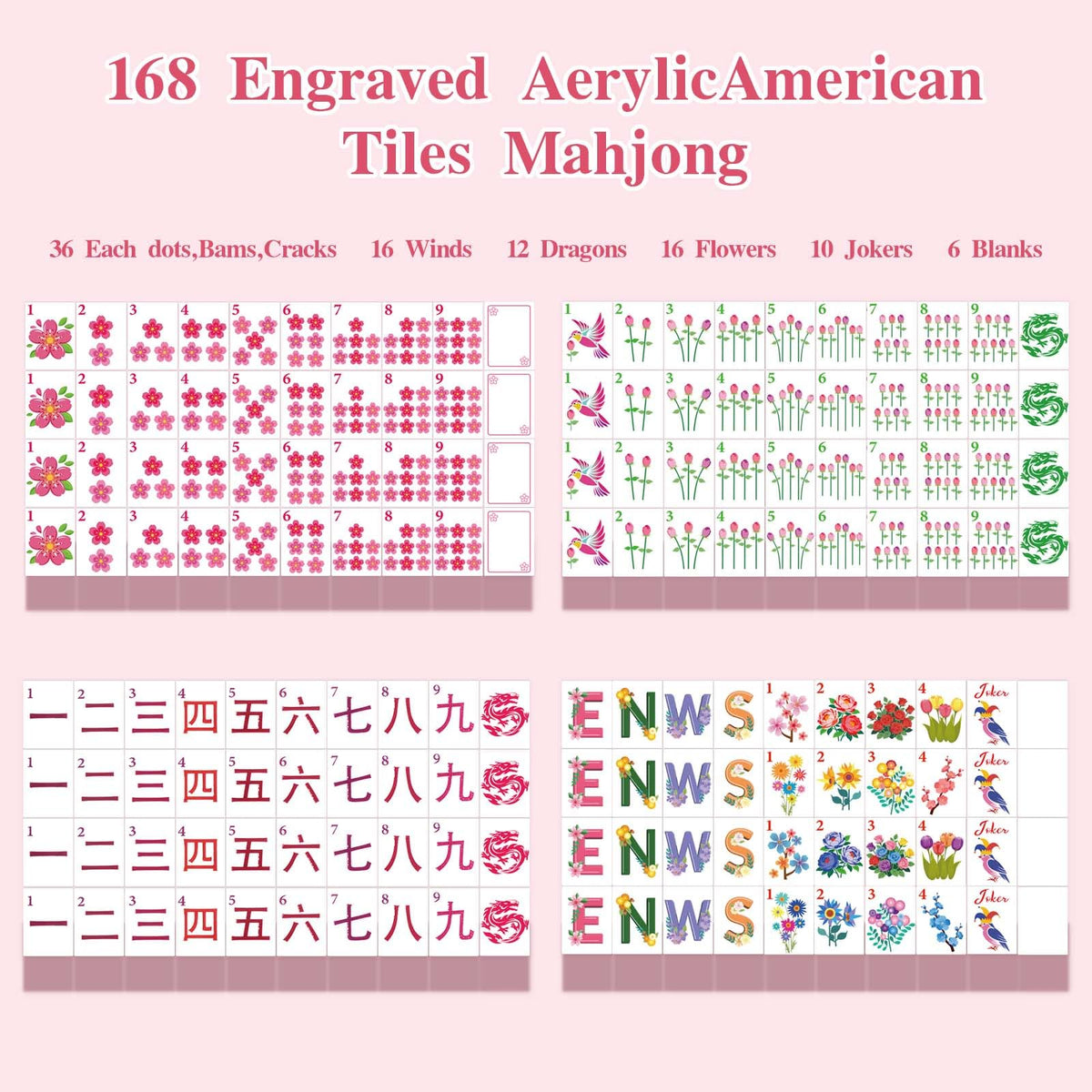 1.2” American Mahjong Set 168 Pink Floral Melamine Tiles U499