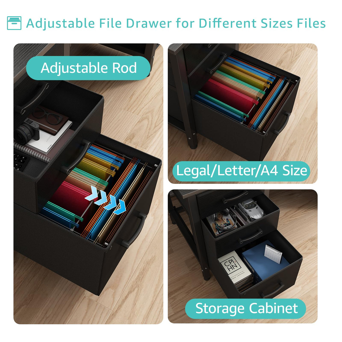 Black 47 Inch Computer Desk with File Drawers Cabinet Z316719