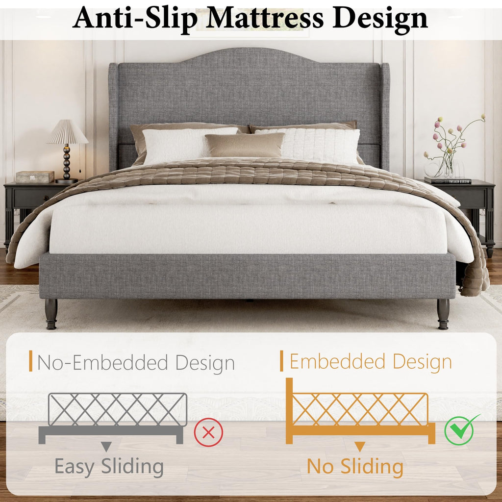Queen Size Light Grey Upholstered Headboard Bed Frame J5914
