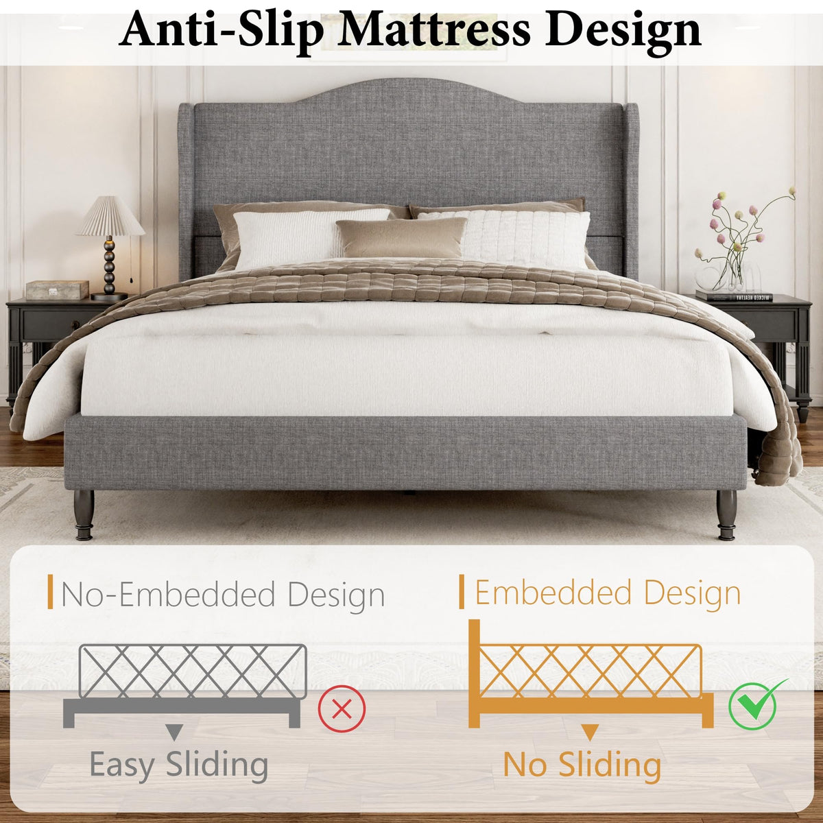 Queen Size Light Grey Upholstered Headboard Bed Frame J5914