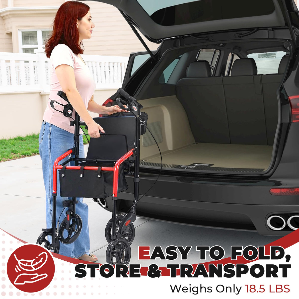 Foldable Lightweight Rolling Walker with Seat, 8" Wheels, 300 lb. Capacity, Red R624912